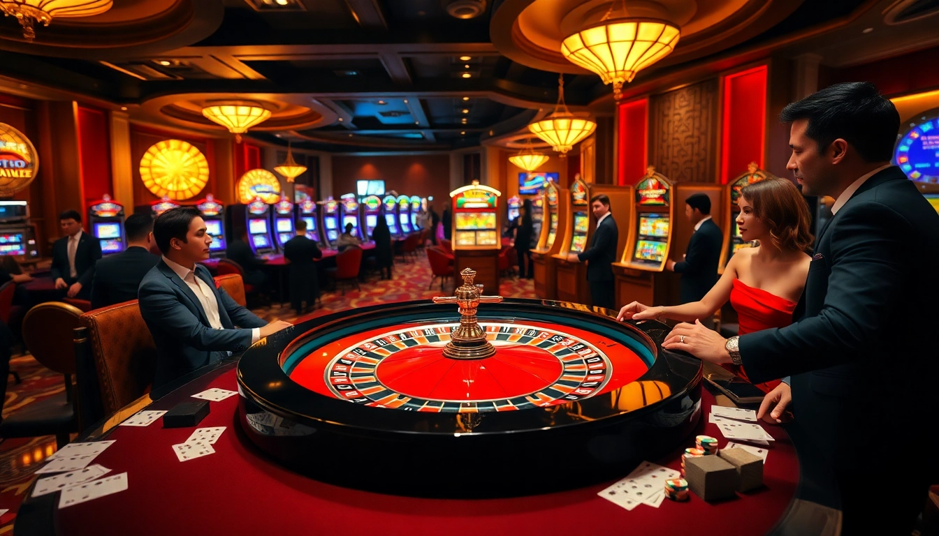 Exciting casino ambiance with roulette and slot machines, highlighting CM88 brand elements.