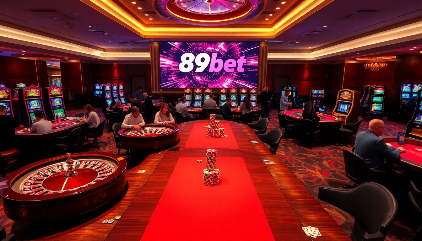 Players enjoying various games at the 89bet casino, featuring roulette and poker tables.