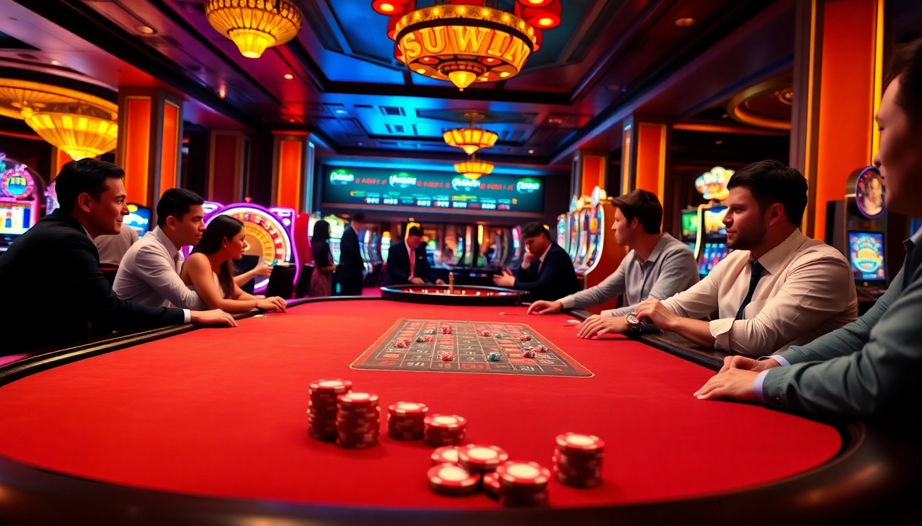 Experience a thrilling game at the Sunwin casino table with vibrant chips and players engaged.