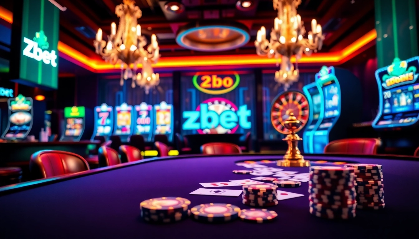 Exciting gambling action at zbet with poker chips and a roulette wheel.
