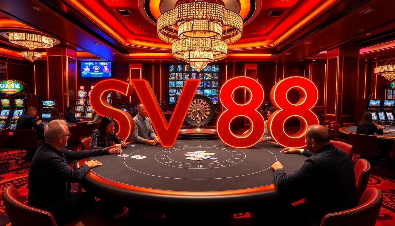 Players enjoying high-stakes poker at the SV88 casino table, with vibrant chips and cards.