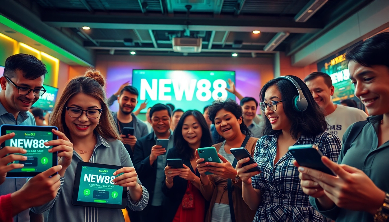 Excited players engaging in online betting at new88go.com, showcasing a vibrant gaming atmosphere.