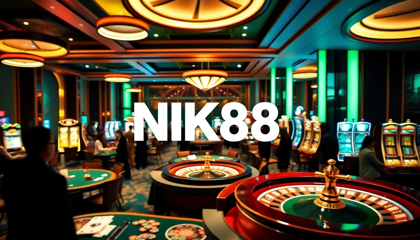 NK88 casino scene featuring vibrant tables with cards and chips, creating an immersive gambling atmosphere.