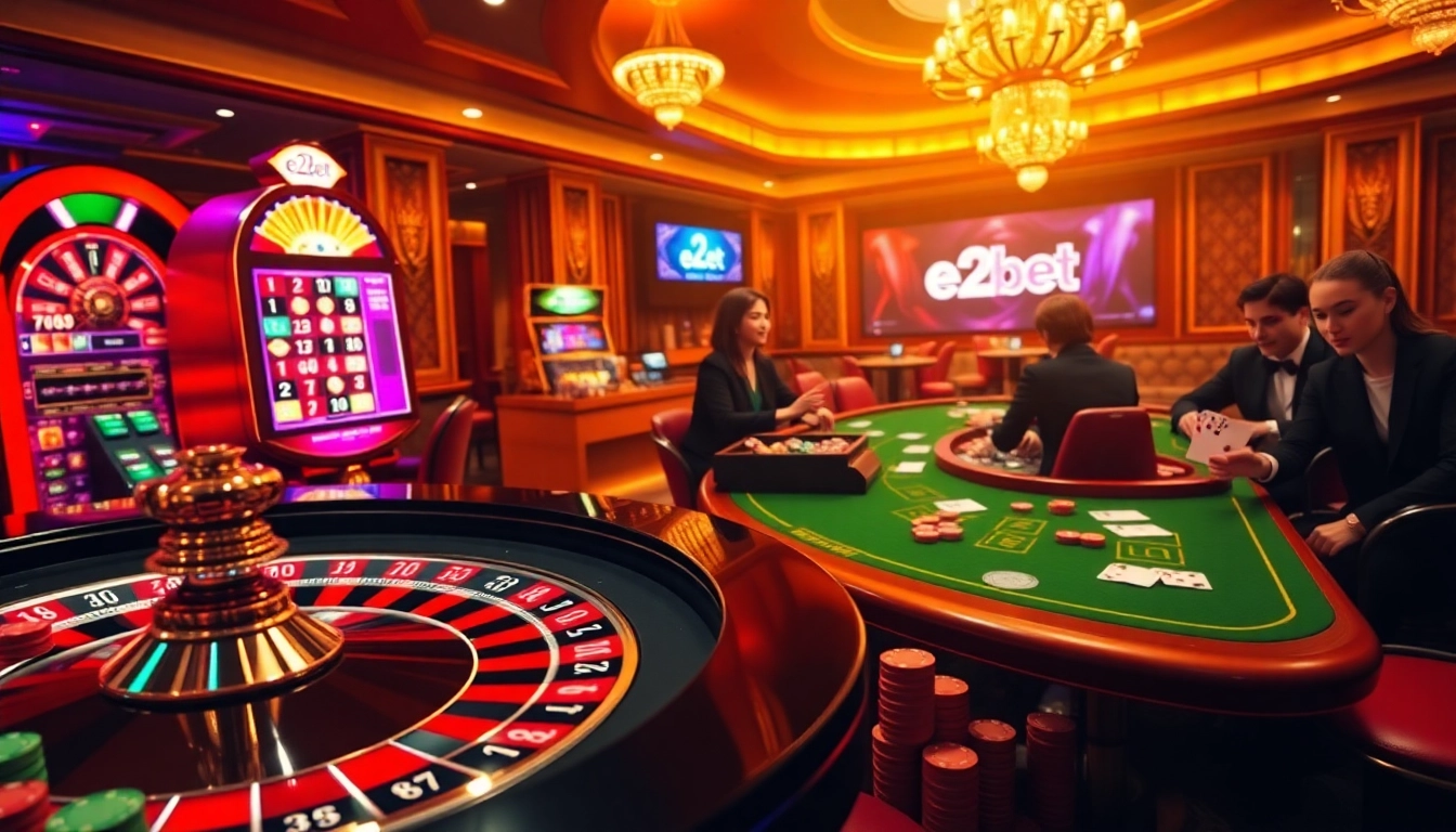 Experience the excitement of e2bet with a vibrant casino scene featuring roulette, poker, and slots.