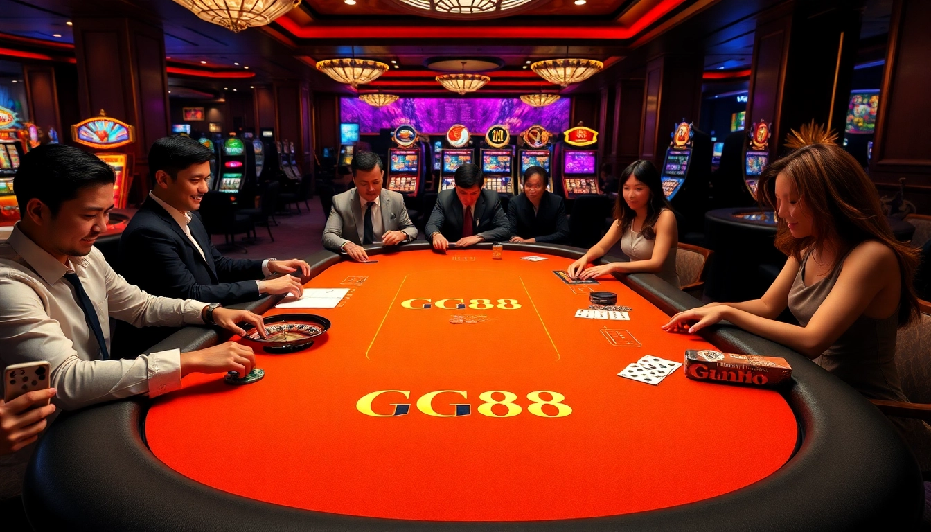 Experience the excitement of gambling at GG88 with dazzling poker tables and vibrant casino elements.