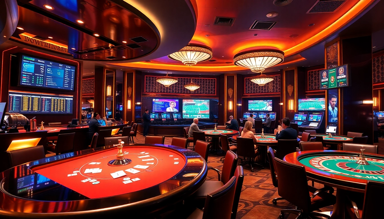 Engaging scene of kèo nhà cái in a vibrant casino setting with betting stations and poker tables.