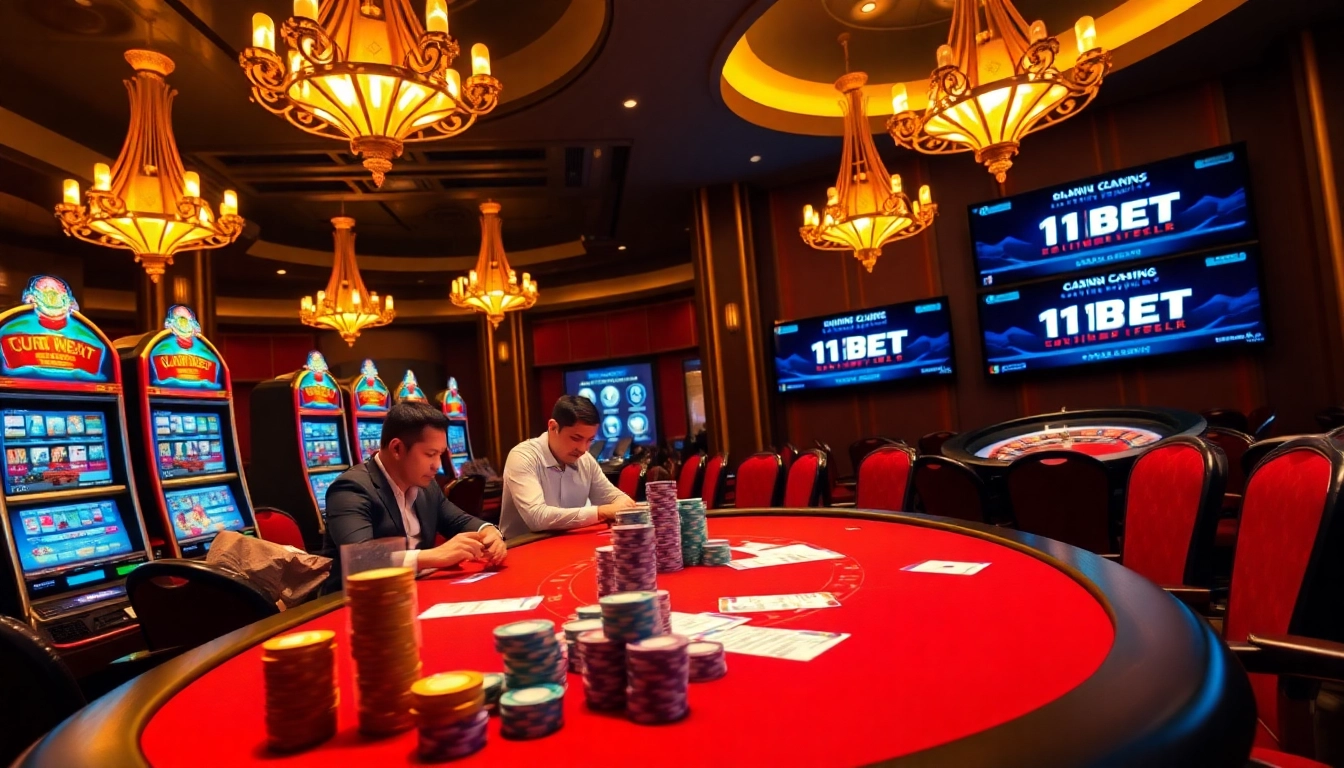 Experience the thrill of 11BET gaming with vibrant slots, poker chips, and a luxurious casino ambiance.