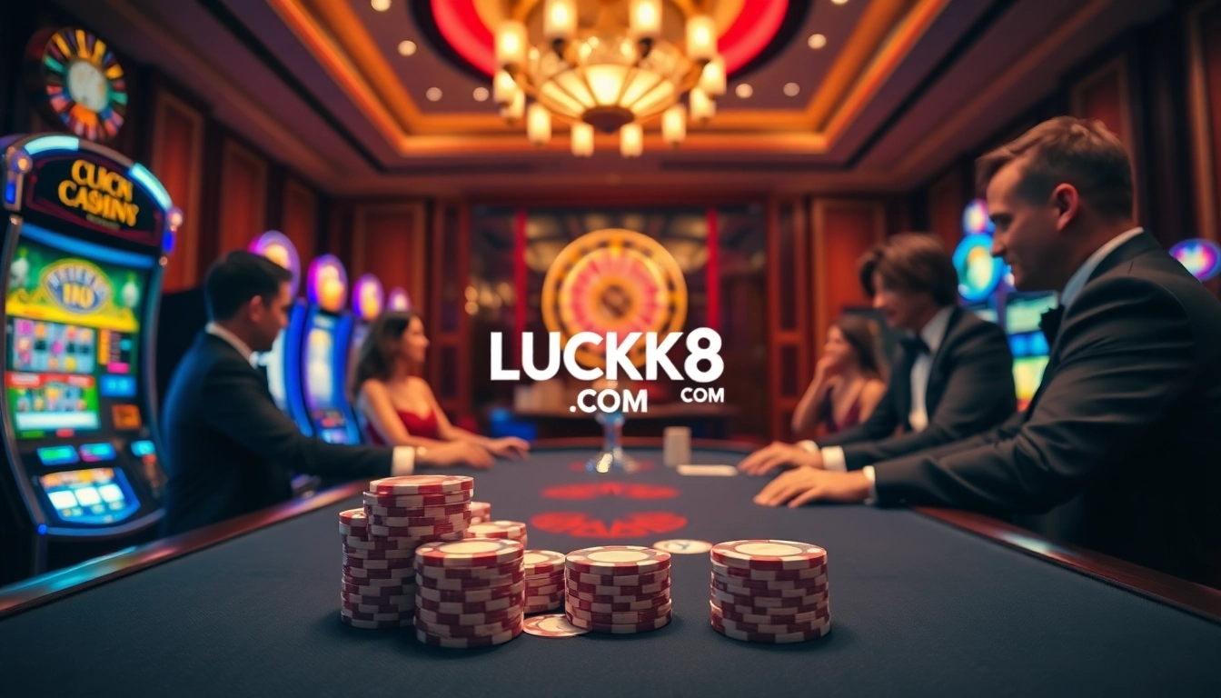 Exciting gambling scene with poker chips and players at LUCK8 COM casino table.