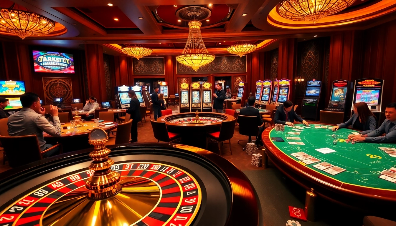 Experience the excitement of nhà cái xx88 with players engaging at a lively casino table surrounded by vibrant slot machines.