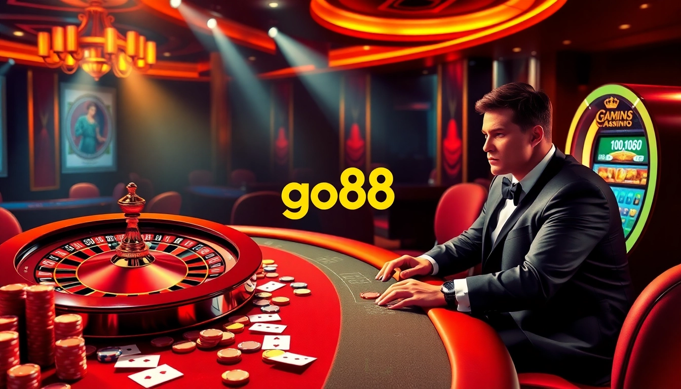 Go88 engaging casino scene with vibrant roulette, stylish table, and excited player.