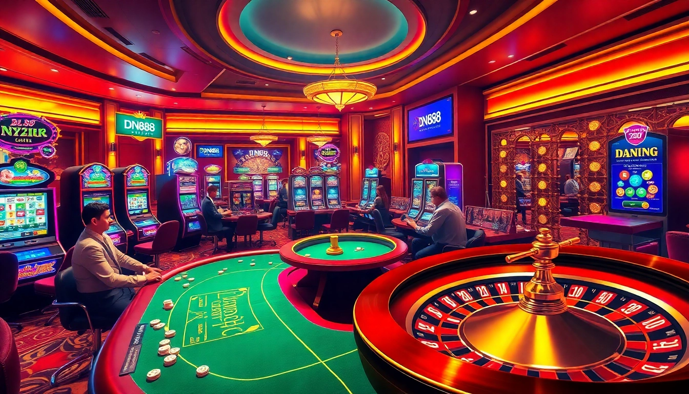 Experience the thrill of DN88 as players engage in exciting casino games with vibrant slot machines and poker tables.