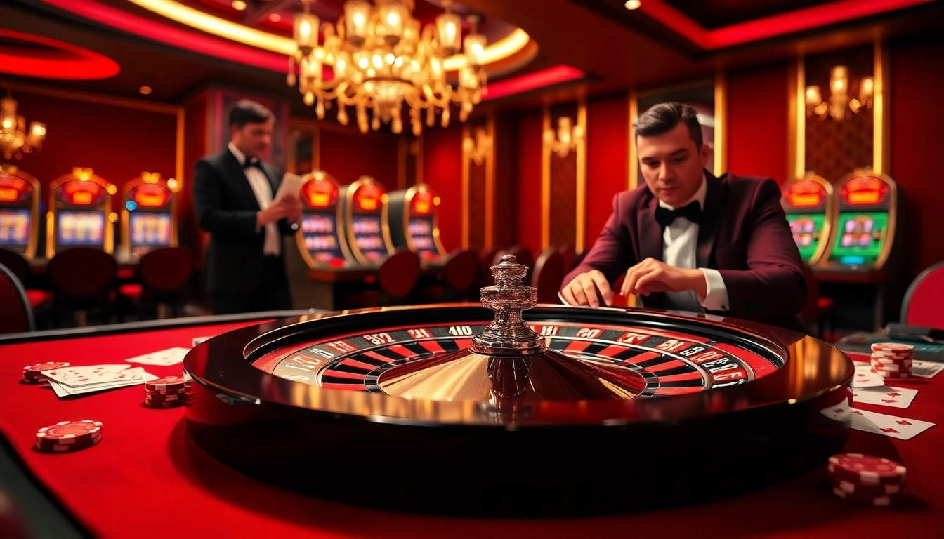 DF999 casino ambiance with a roulette wheel and poker cards showcasing high-stakes betting.
