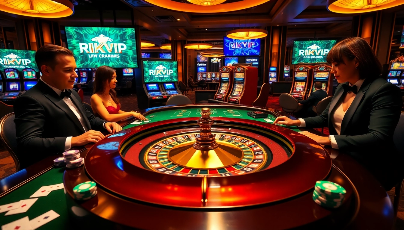 Exciting casino atmosphere featuring RIKVIP gaming table with vibrant poker chips and cards.
