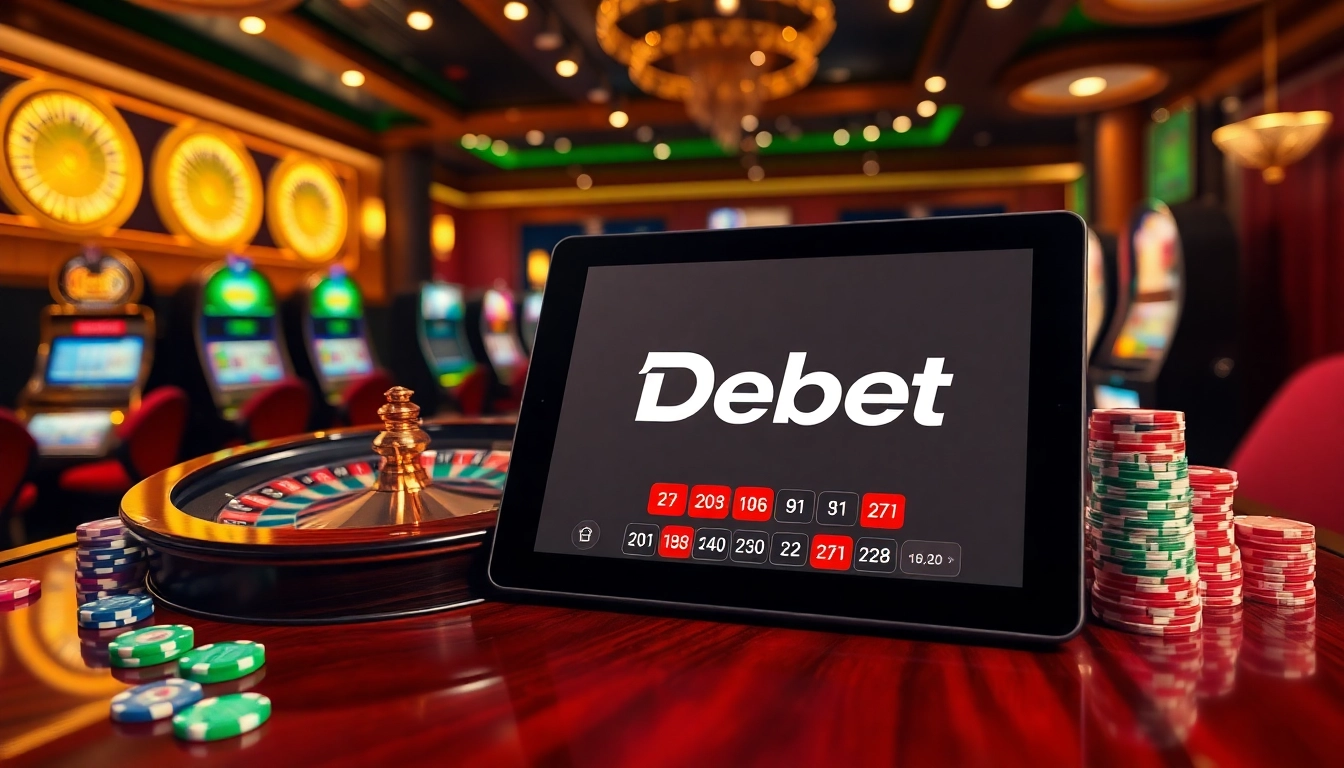 Players engaging with a modern betting app Debet at a vibrant casino table with roulette and poker chips.