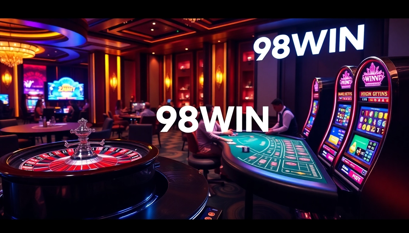 Players enjoy thrilling games at a vibrant casino featuring 98WIN branding.
