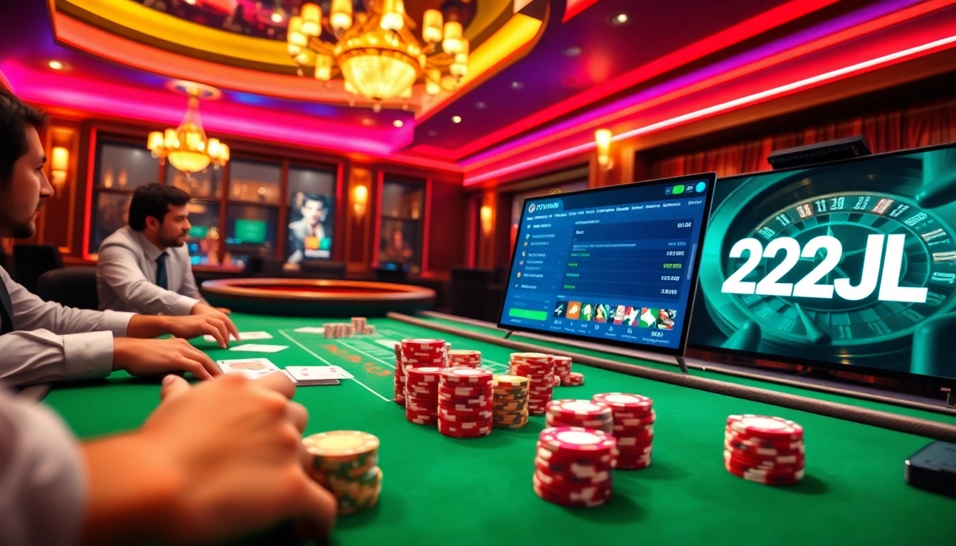 Experience the thrill of 22JL with a vibrant casino scene featuring poker chips and cards.