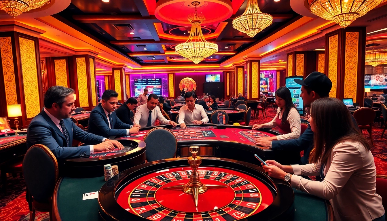 Players enjoying game bài đổi thưởng at luxury casino tables with poker chips and cards.
