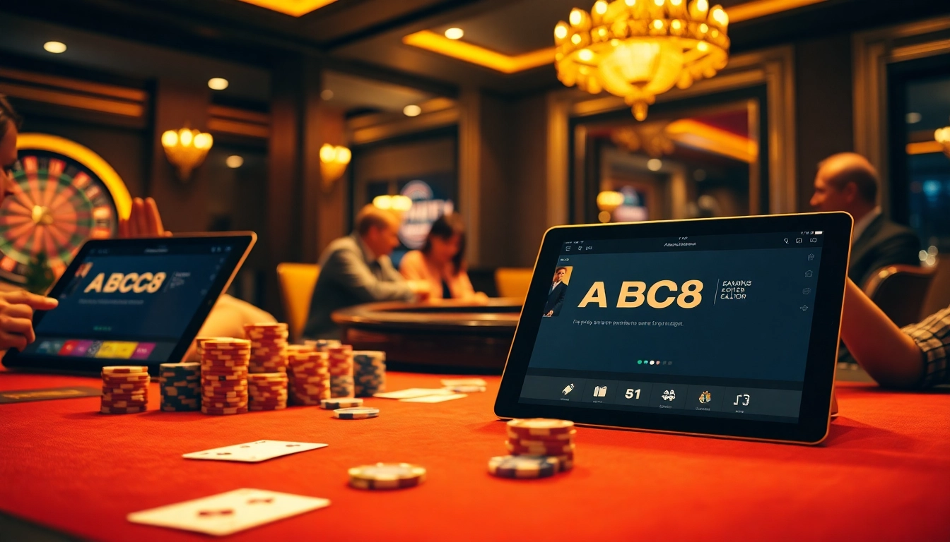 Engaged players at an elite poker table showcasing abc8, with vibrant chips and a spinning roulette wheel.