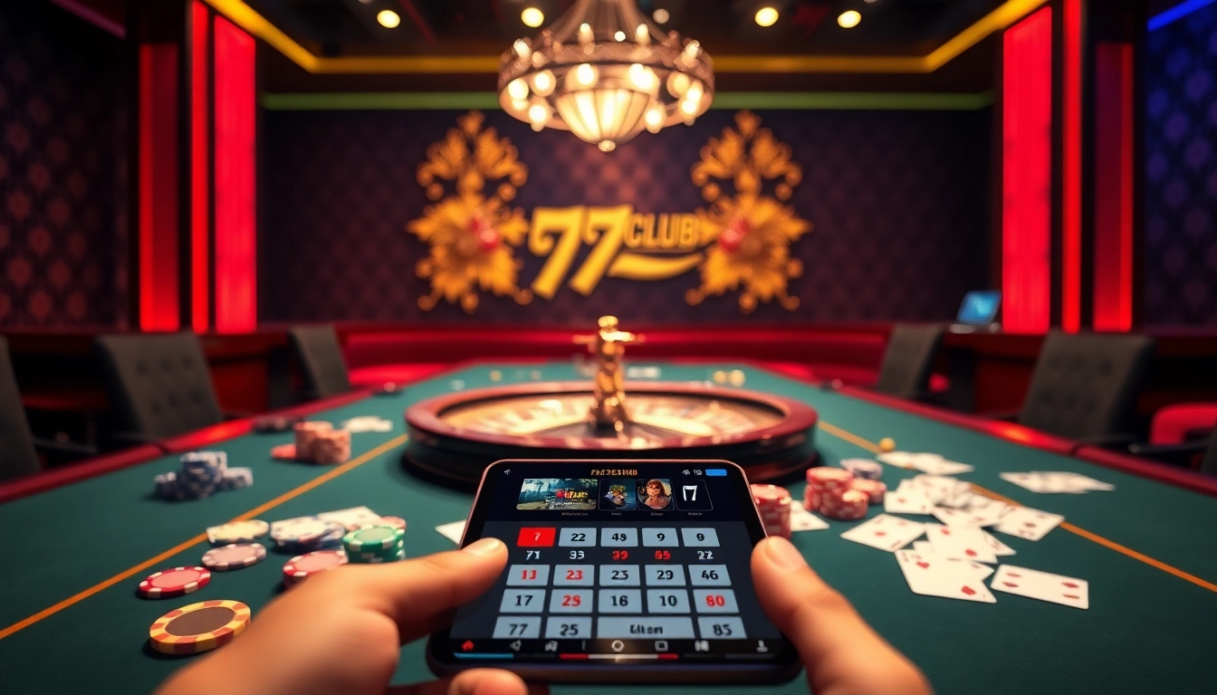 Interactive gameplay scene showcasing 789club with poker chips, cards, and a roulette wheel for an exciting gambling experience.