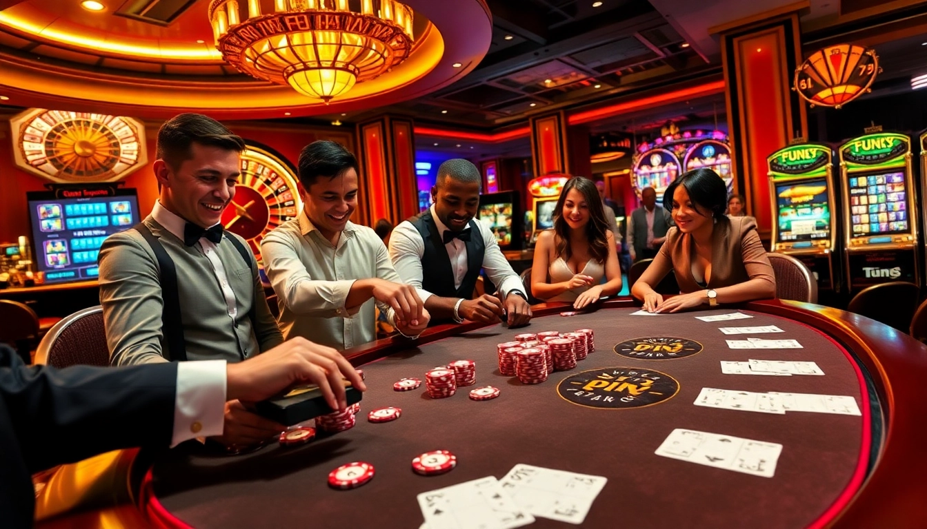 A lively casino scene featuring FUN79's poker table with players, chips, and a dealer.
