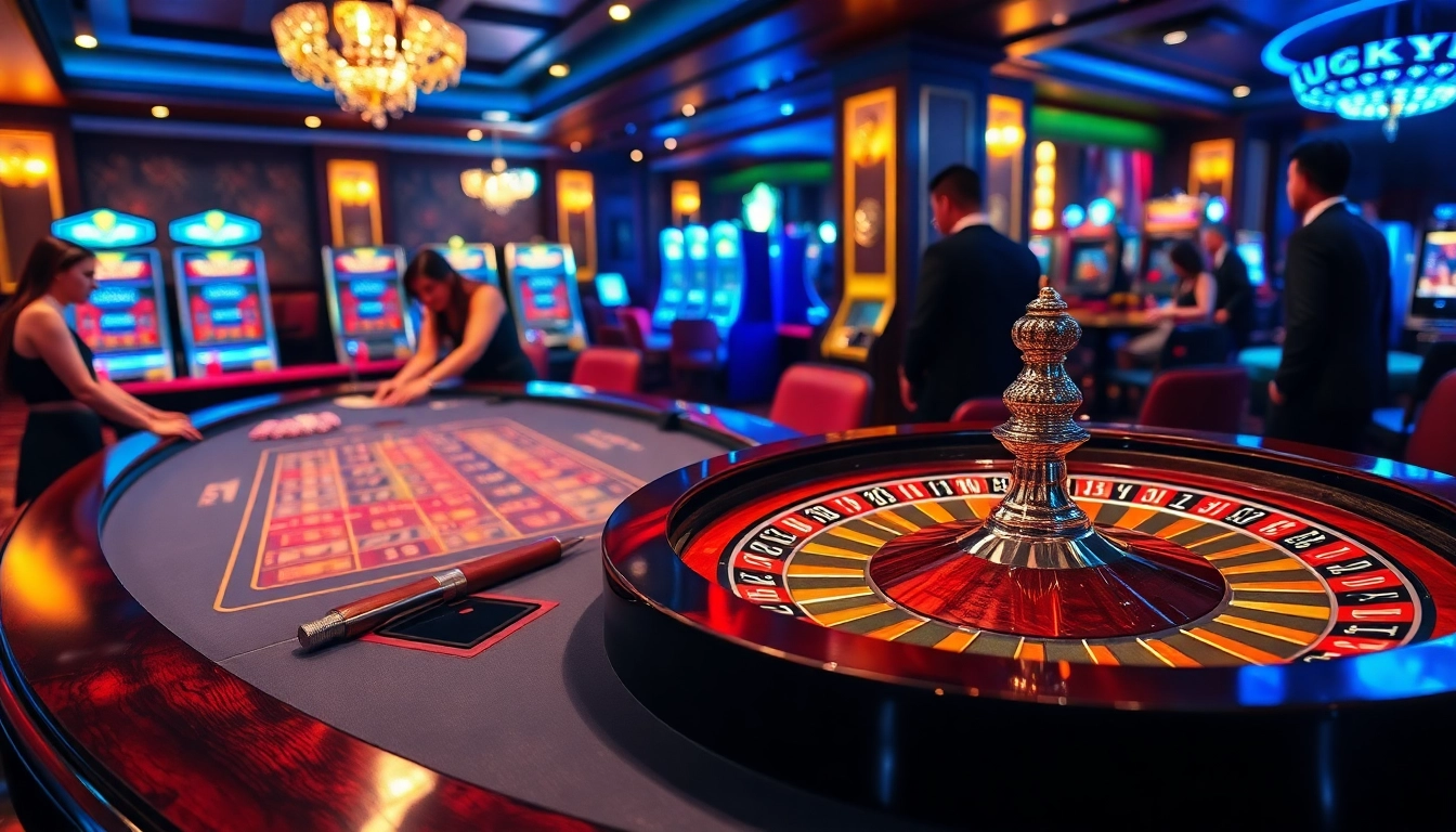 Experience the thrill of gambling at Luckywin, featuring vibrant poker tables and elegant slot machines.
