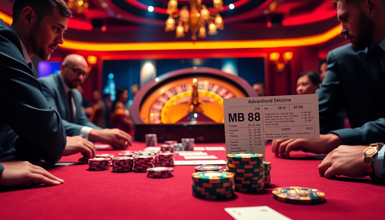 Engaged players using mb 88 strategies at a vibrant poker table in a luxurious casino.