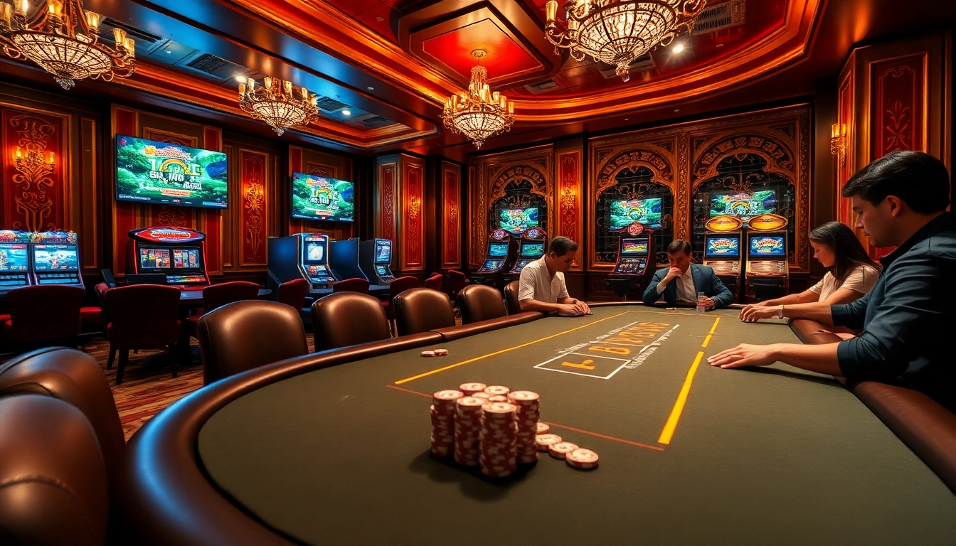 Players engaging in high-stakes poker at a luxurious RIKVIP casino, highlighting strategic bets and excitement.