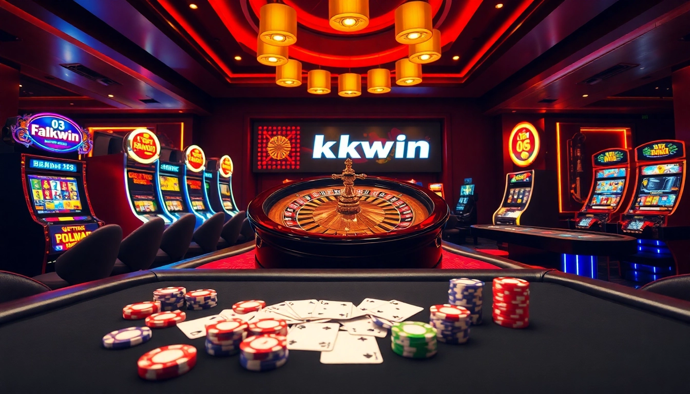Experience kkwin 03 at an elegant casino with roulette and slot machines glittering.