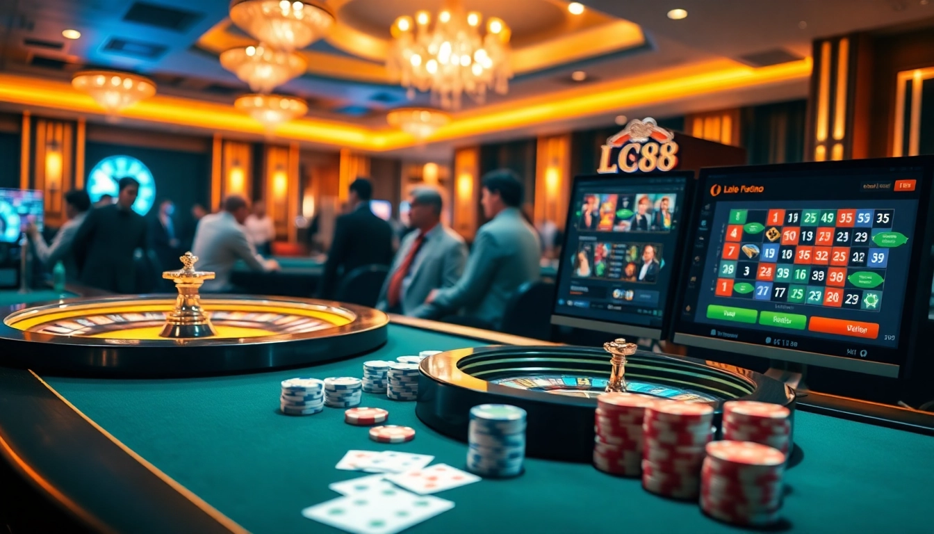 Excited gamblers enjoying games at lc88 online casino with vibrant lights and elegant setup.