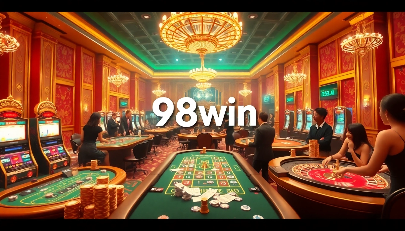 Players engaging at a luxurious casino table, experiencing 98win excitement with poker chips and a roulette wheel.
