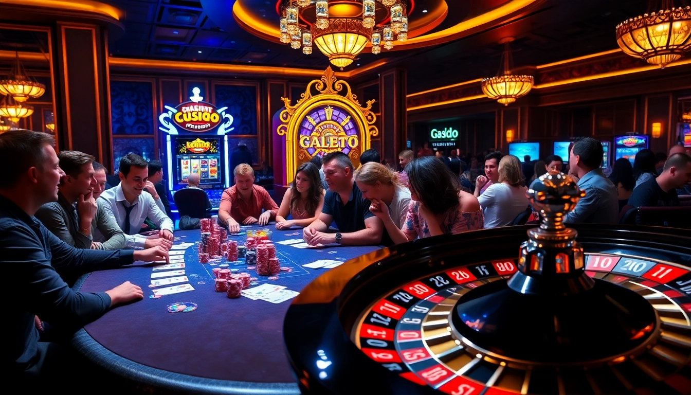SODO casino scene with players at a poker table and vibrant slot machines, capturing the excitement of gambling.