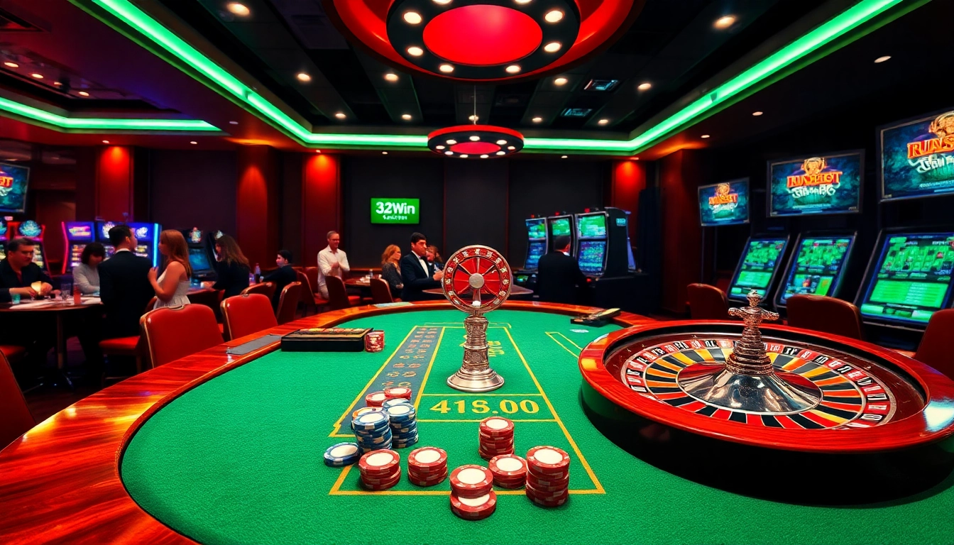 Experience thrilling action at the 32Win poker table with vibrant colors and luxury decor.