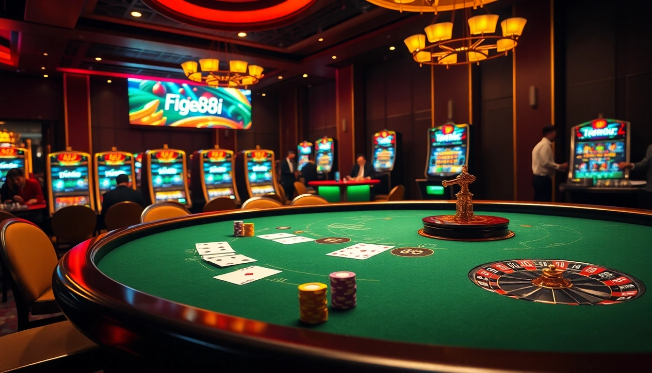 Players strategizing at an 88i-themed poker table in a vibrant casino environment.
