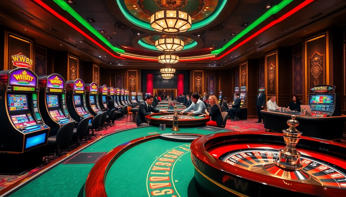 Engage in thrilling games at WW88 com, showcasing vibrant casino tables and slot machines.