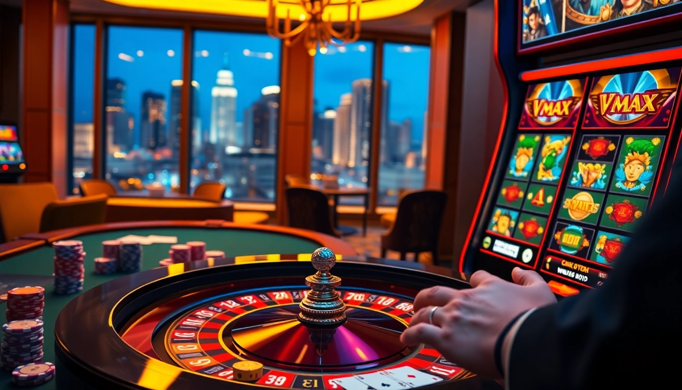 VMAX branded slot machine in an upscale casino atmosphere with poker chips and cards.