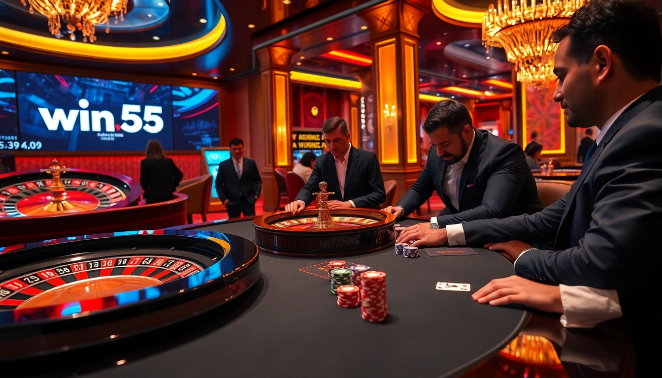 Experience the thrill of win55 at a vibrant casino poker table with colorful chips and an exciting atmosphere.