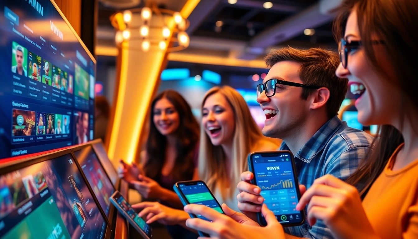 Discover thrilling gaming experiences at winvn88.live, showcasing modern online casino atmosphere with excited players.
