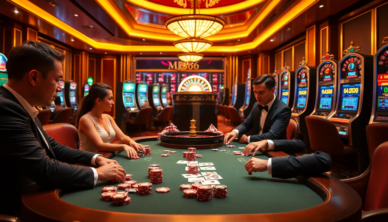 Players enjoying an MB66 poker game at a luxurious casino table with vibrant details.