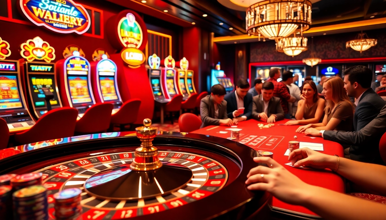 lc88 casino atmosphere with vibrant roulette, excited players, and thrilling slot machines.