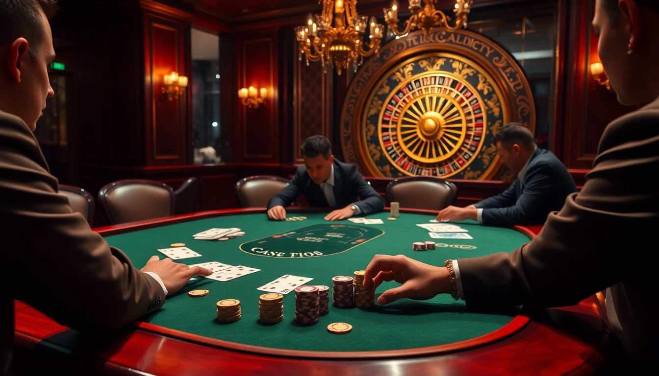 Professional poker players engaged in an intense game at a casino table, featuring hm88 chip stacks and cards.