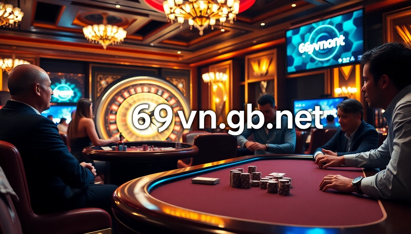 A thrilling poker scene at 69vn.gb.net, showcasing luxury, excitement, and high-stakes gambling.