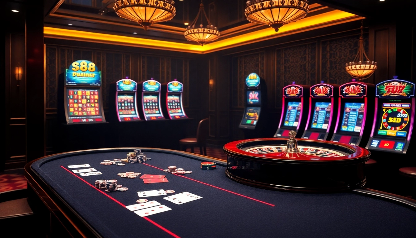 S88 casino players engaged in an exciting game of poker with vibrant chips and cards.