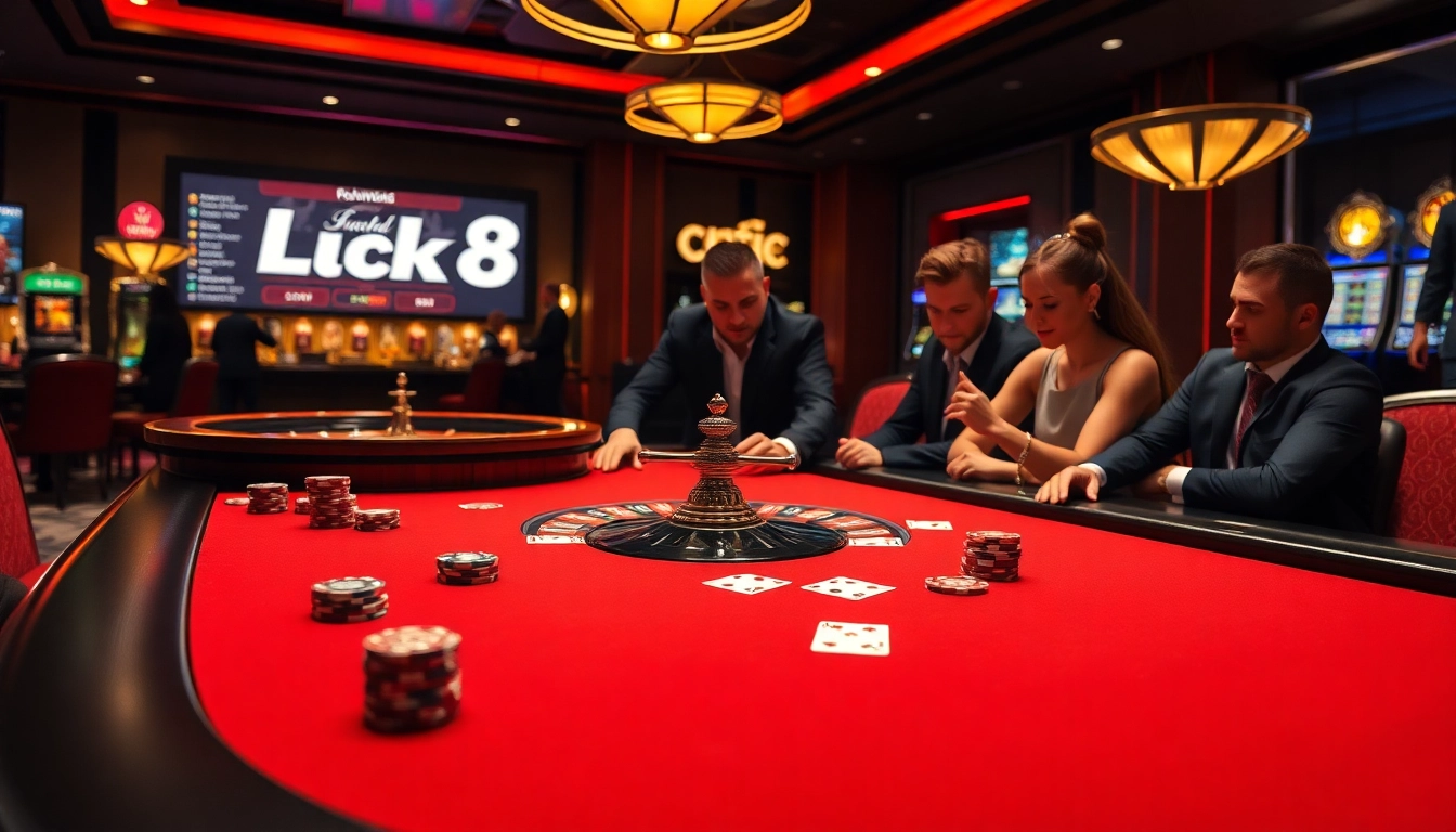 Luck8 players engaged in high-stakes action at a luxurious casino table with vibrant cards and chips.