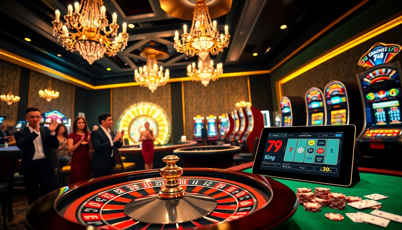 Engaging players at a luxurious 79king casino with roulette and vibrant slot machines.