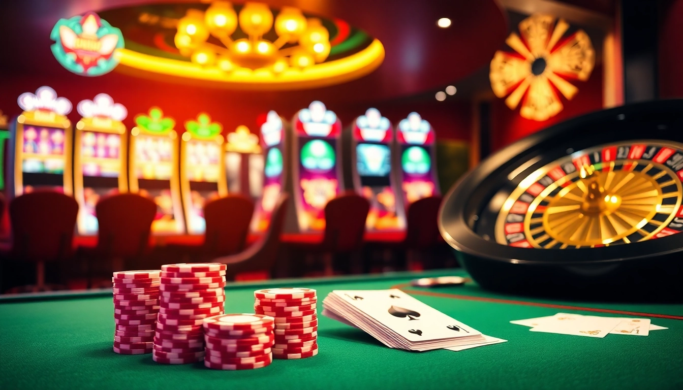 Experience the thrill of winning at https://jun88pl.com/ with vibrant casino visuals showcasing poker and roulette.