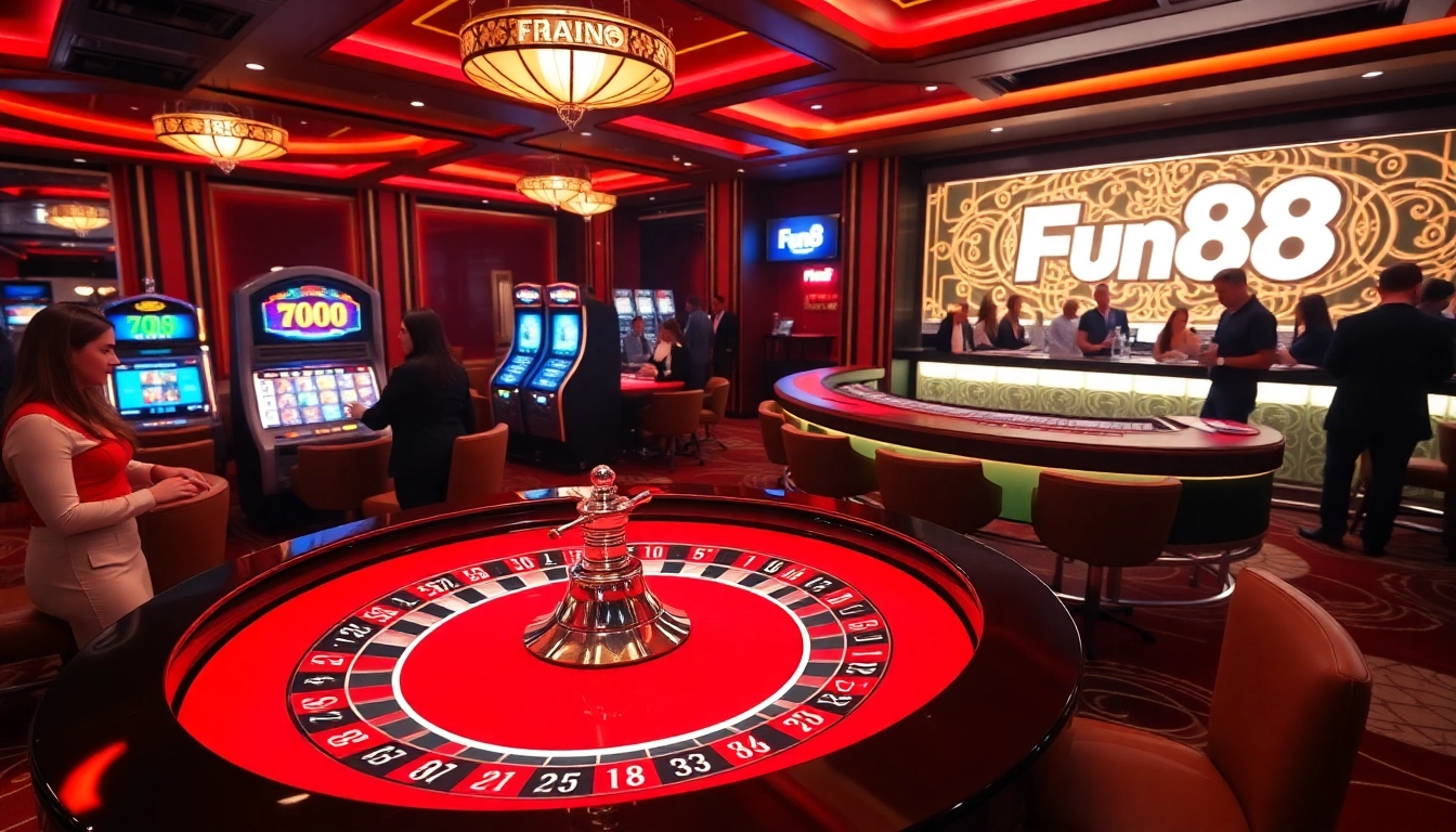 Exciting Fun88 casino gaming scene with roulette, slots, and eager players.