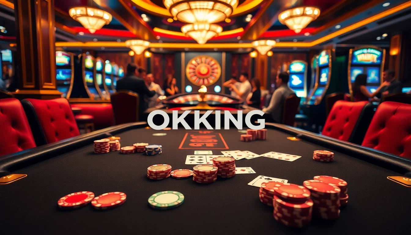 Experience OKKING luxury as players enjoy a thrilling poker game beside a glamorous roulette wheel.