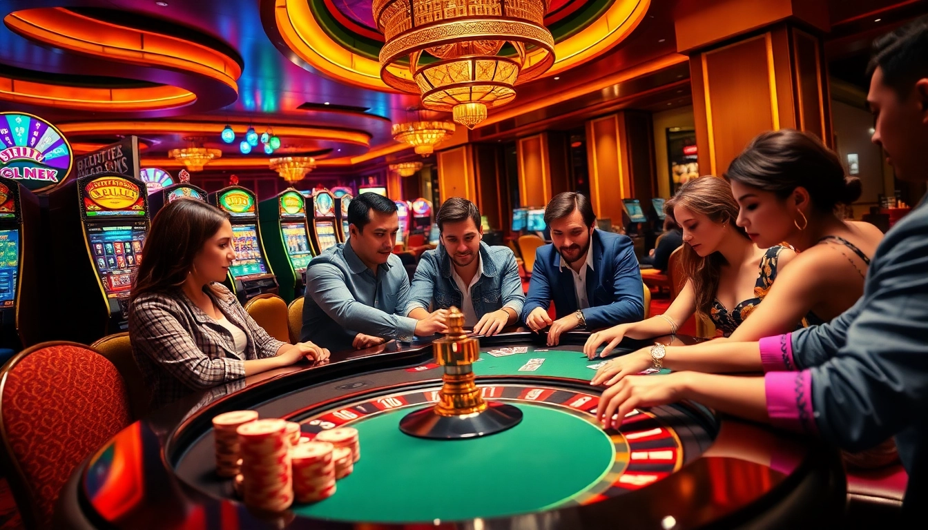 Players at a luxury casino engage in high-stakes poker, highlighting 5z777 excitement and strategy.