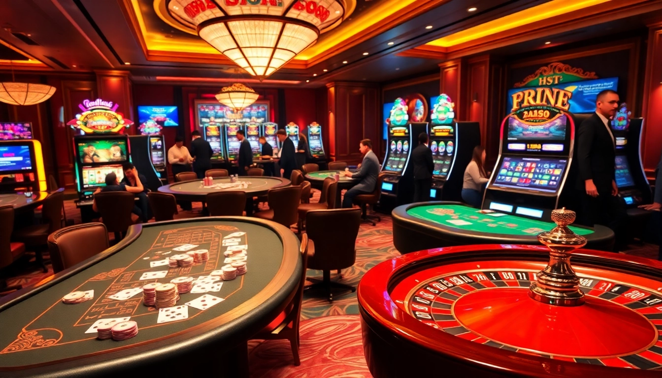 Experience the excitement of vt88 in this luxurious online casino scene with vibrant tables and slot machines.