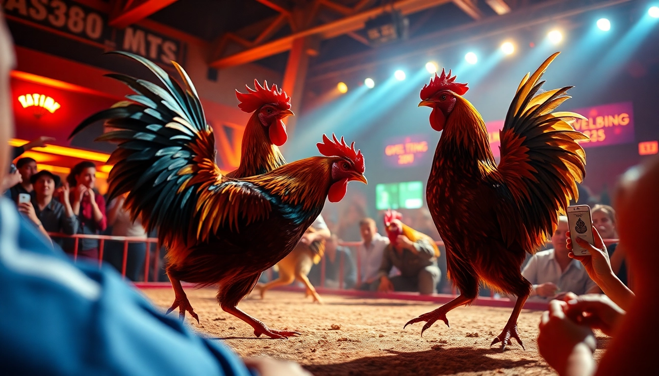 Exciting live cockfighting scene at sv368win.live with vibrant colors and intense action.
